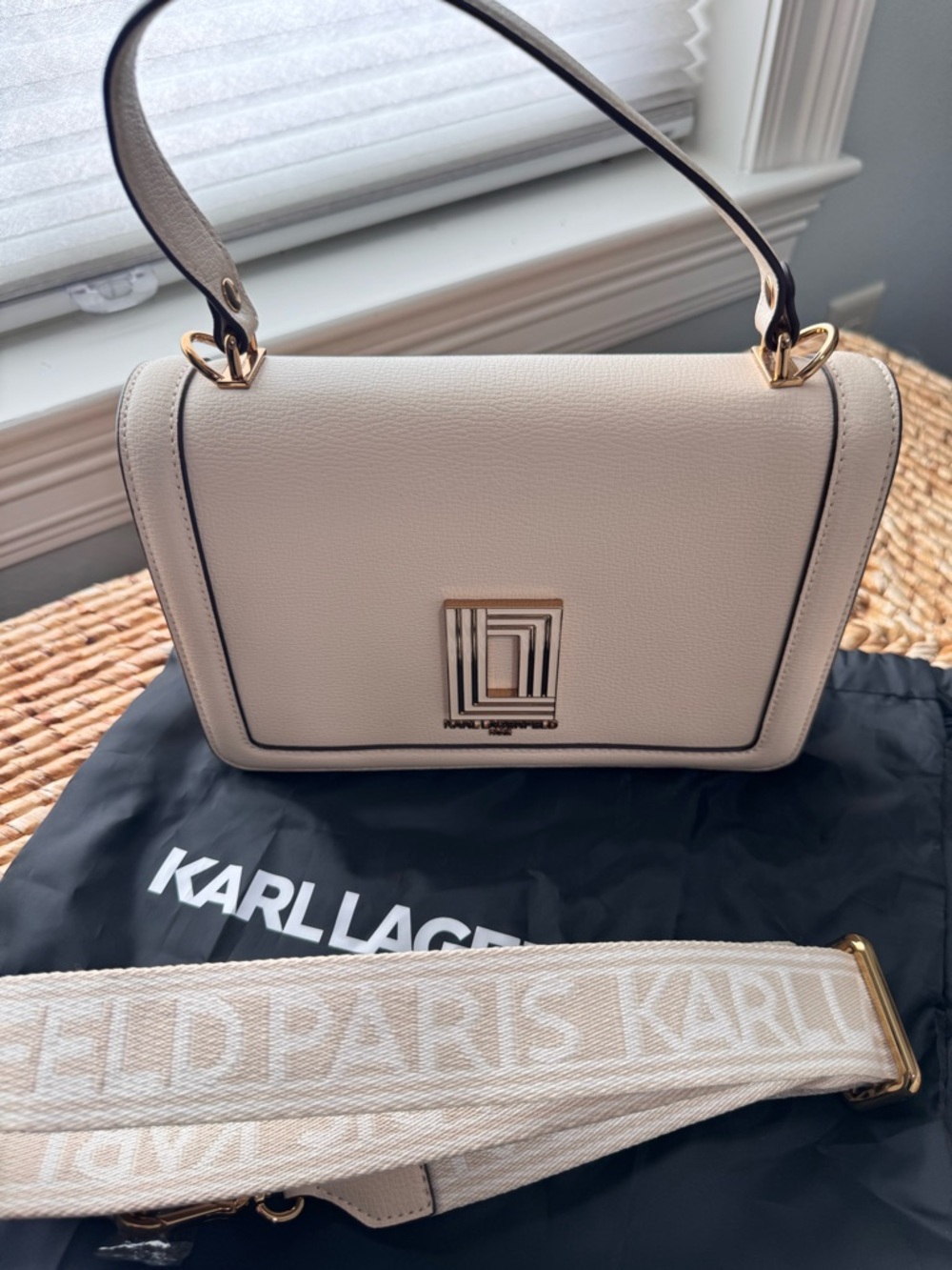Karl Lagerfeld Paris Cream Top Handle Crossbody Bag Logo Strap Gold Hardware